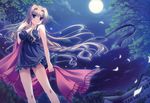  absurdres blue_eyes breasts brown_hair chisha cleavage cloud full_moon hair_intakes highres large_breasts legs long_hair midori_no_umi moon nature night night_sky outdoors petals scenery sky solo standing star_(sky) starry_sky thighs tree very_long_hair wind yukie_(peach_candy) 