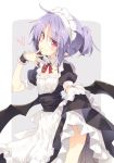 1girl ahoge apron bat_wings breasts commentary detached_collar finger_to_mouth hair_between_eyes heart lavender_hair looking_at_viewer maid maid_apron maid_headdress pointy_ears puffy_short_sleeves puffy_sleeves red_eyes remilia_scarlet satou_kibi short_hair short_ponytail short_sleeves skirt skirt_lift slit_pupils small_breasts smile solo touhou upper_body wings wrist_cuffs 