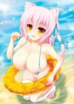  animal_ears blush bottomless breasts cat_ears cat_tail fang hair_ribbon highres innertube kneeling large_breasts long_hair nipple_slip nipples open_mouth original paw_pose pink_hair pussy ribbon shia_flatpaddy solo swimming syroh tail thighhighs water white_legwear 