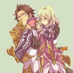  1girl 9wa alvin_(tales) black_gloves blonde_hair boots bow brown_eyes brown_hair carrying coat creature dress elize_lutus frills gloves green_background princess_carry purple_footwear ribbon sweat tales_of_(series) tales_of_xillia teepo_(tales) thigh_boots thighhighs yellow_eyes 