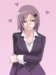  bad_id bad_pixiv_id breasts chachami_ashu cleavage collarbone formal hair_ornament hairclip heart holding_arm kaname_junko large_breasts lips lipstick mahou_shoujo_madoka_magica makeup mature purple_eyes purple_hair short_hair simple_background skirt_suit solo suit 