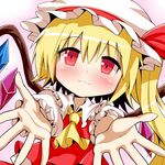  :3 ascot blonde_hair blush fang flandre_scarlet givuchoko hat hat_ribbon outstretched_arms red_eyes ribbon shirt side_ponytail skirt skirt_set solo touhou wings 