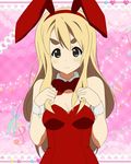  animal_ears bare_shoulders blonde_hair blue_eyes bow breasts bunny_ears bunnysuit cleavage detached_collar eyebrows heart k-on! kotobuki_tsumugi long_hair medium_breasts miracle musical_note official_style smile solo star wrist_cuffs 