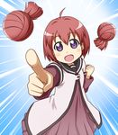  :d ahoge akaza_akari clenched_hand double_bun foreshortening goriate nanamori_school_uniform open_mouth pointing purple_eyes red_hair school_uniform serafuku smile solo yuru_yuri 