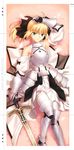  absurdres ahoge armor armored_dress armpits artoria_pendragon_(all) bare_shoulders blonde_hair dakimakura dress fate/stay_night fate/unlimited_codes fate_(series) gauntlets green_eyes hair_ribbon highres higurashi_ryuuji ribbon saber saber_lily smile solo thighhighs 