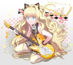  :3 animal_ears blonde_hair blue_eyes bow electric_guitar guitar instrument long_hair seeu sitting skirt smile solo thighhighs very_long_hair vocaloid yeonji zettai_ryouiki 