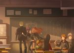  4girls amagi_yukiko black_hair brown_eyes brown_hair chalk chalkboard classroom desk drawing grey_hair hairband hanamura_yousuke hat head_rest headphones index_finger_raised kujikawa_rise kuma_(persona_4) long_hair multiple_boys multiple_girls narukami_yuu open_mouth persona persona_4 red_hair reverse_trap satonaka_chie school_uniform shirogane_naoto short_hair sitting sunset tatsumi_kanji translation_request yuugure 