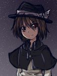  black_capelet bow brown_hair capelet dash_(rararu) hat hat_bow highres magical_astronomy night night_sky red_eyes short_hair sketch sky smile solo star_(sky) starry_sky touhou upper_body usami_renko 