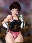  armor bad_id bad_pixiv_id bare_shoulders black_hair blue_eyes curvy dragon_ball dragon_ball_z earrings gloves grin hand_on_hip highres jewelry leotard monkey_tail nix_(ak-style) pink_leotard plump scouter seripa short_hair smile solo tail teeth thick_thighs thighs 