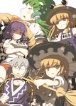  4girls alternate_costume bad_id bad_pixiv_id blonde_hair breasts broom buruma crossed_arms dress frog frog_hair_ornament glasses green_hair gym_uniform hair_ornament hair_ribbon hat kirisame_marisa kochiya_sanae long_hair medium_breasts morichika_rinnosuke moriya_suwako multiple_girls one-piece_swimsuit ooide_chousuke open_mouth purple_hair red_eyes ribbon rope school_swimsuit shimenawa short_hair silver_hair smile snake swimsuit tears touhou witch_hat yasaka_kanako yellow_eyes 