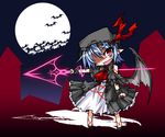  alternate_costume ascot bat bat_wings black_dress blue_hair chibi dress fang full_moon hat hemogurobin_a1c moon multicolored multicolored_clothes multicolored_dress night open_mouth pointy_ears red_eyes remilia_scarlet smile solo spear_the_gungnir touhou white_dress wings 