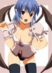  bat_wings black_legwear black_panties blue_hair blush bra breasts cleavage cross fang lingerie medium_breasts no_pants older open_clothes open_mouth open_shirt panties pointy_ears red_eyes remilia_scarlet shin'ya_(nanp) shirt solo strap_pull tattoo thighhighs touhou underwear white_bra wings 