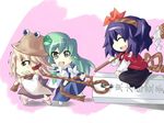  bad_id bad_pixiv_id blonde_hair blue_hair bow chibi fang frog green_eyes green_hair hair_bow hair_ornament hair_ribbon hat kochiya_sanae langlang moriya_suwako multiple_girls ofuda open_mouth ribbon rope touhou yasaka_kanako yellow_eyes 