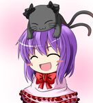  :3 ^_^ animal animal_ears animal_on_head blush_stickers bow cat cat_on_head closed_eyes ear_ribbon frills ichimi kaenbyou_rin kaenbyou_rin_(cat) multiple_tails nagae_iku no_hat no_headwear on_head open_mouth purple_eyes ribbon smile solo tail touhou 