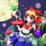  alcohol bamboo belt bow chain cup full_moon gourd hair_bow horn_ribbon horns ibuki_suika long_hair moon one_eye_closed orange_hair red_eyes ribbon sakazuki sake skirt sleeveless smile solo syachi touhou very_long_hair 