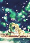  1girl blonde_hair blue_eyes boat dress earrings fairy gloves hat highres imminent_kiss jewelry link long_hair piggy_ho_ho pointy_ears princess_zelda short_hair sitting the_legend_of_zelda the_legend_of_zelda:_ocarina_of_time tiara water watercraft 