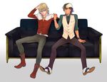  bad_id bad_pixiv_id barnaby_brooks_jr belt blonde_hair blue_eyes boots bracelet brown_eyes brown_hair cabbie_hat couch facial_hair glasses hat jacket jewelry k29 kaburagi_t_kotetsu male_focus multiple_boys necklace necktie red_jacket simple_background sitting stubble studded_belt tiger_&amp;_bunny vest waistcoat watch white_background wristwatch 