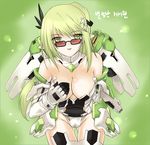  :p bare_shoulders bodysuit breasts cleavage covering covering_breasts elsword glasses gloves green_eyes green_hair groin hair_ornament hairclip korean kuro_(kuronell) leotard long_hair mecha_musume medium_breasts pointy_ears rena_(elsword) solo sunglasses tongue tongue_out translated 
