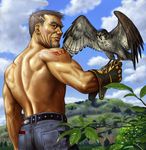  beard belt bird bird_on_hand brown_eyes denim earrings facial_hair from_behind gloves grey_hair hawk jeans jewelry looking_back male_focus matataku muscle old_man original pants scenery shirtless single_glove solo tattoo 