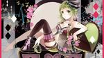  babydoll barefoot blush breasts cleavage collar green_hair gumi gun handgun hat heart heart_pillow high_heels left-handed lingerie medium_breasts navel pillow revolver sakuragi_kei shoes shorts single_shoe single_thighhigh solo thighhighs underwear vocaloid waveform weapon 