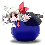  :&gt; balancing ball blonde_hair dress hair_ribbon kugelschreiber necktie outstretched_arms red_eyes red_neckwear ribbon rumia short_hair simple_background smile solo spread_arms touhou 