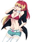  ao_no_exorcist belt bikini_top breasts cleavage highres jacket katana kirigakure_shura large_breasts multicolored_hair navel perspective ponytail red_eyes ribbon sword tattoo two-tone_hair weapon 