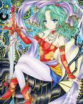  bare_shoulders blue_eyes bow chirori choker crossed_legs earrings elbow_gloves final_fantasy final_fantasy_vi fingerless_gloves gloves green_eyes hair_ornament hair_ribbon jewelry necklace pantyhose pink_bow ribbon ring sitting solo sword tina_branford weapon 