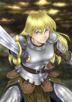  armor blonde_hair highres long_hair looking_at_viewer original purple_eyes solo spinlock sword weapon 