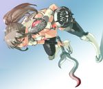  armor black_hair boots breasts cleavage echidna elf grey_hair highres large_breasts long_hair multicolored_hair musha_sabu open_mouth pointy_ears ponytail queen's_blade red_eyes shield smile snake solo thighhighs two-tone_hair weapon 
