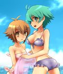  ass bikini breasts brown_hair female genderswap green_hair johan_andersen multiple_girls outdoors short_hair sky swimsuit yu-gi-oh! yuki_judai yuu-gi-ou_gx yuuki_juudai 