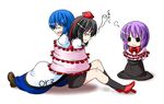  black_hair black_legwear blue_hair blush_stickers bound bow chibi dress geta giving_up_the_ghost hands_on_hips hat hinanawi_tenshi ichimi long_hair multiple_girls nagae_iku no_hat no_headwear orz purple_hair shameimaru_aya shawl sitting solid_circle_eyes tengu-geta tied_up tokin_hat touhou 