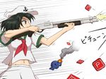  anchor ascot black_hair firing gameplay_mechanics green_eyes gun hat holding holding_gun holding_weapon midriff murasa_minamitsu navel power-up remington_870 sailor sailor_hat short_hair shotgun skirt solo touhou tsunozemi ufo weapon 