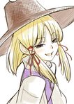  bad_id bad_pixiv_id blonde_hair blush face hair_ribbon hat moriya_suwako open_mouth purple_eyes ribbon shiba_itsuki short_hair simple_background sketch smile smirk solo touhou tsurime white_background 