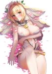  1girl bangs bare_shoulders belt blonde_hair blush breasts bridal_veil center_opening chains closed_mouth fate/extra fate/extra_ccc fate/grand_order fate_(series) green_eyes hair_between_eyes hair_intakes heart heart-shaped_pupils highres kyuu_(chiu850513) large_breasts legs leotard lock long_hair looking_at_viewer lying navel nero_claudius_(bride)_(fate) nero_claudius_(fate)_(all) nipple_slip nipples on_back padlock petals smile solo symbol-shaped_pupils thighs veil white_leotard zipper 