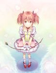  bow bow_(weapon) choker dress from_above gloves hair_bow highres jewelry kaname_madoka kneehighs looking_at_viewer magical_girl mahou_shoujo_madoka_magica nanaran pink_eyes pink_hair short_hair smile solo twintails weapon white_legwear 