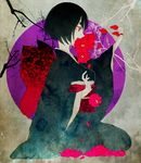  bad_id bad_pixiv_id black_hair flower flower_in_mouth hasuhashi japanese_clothes kimono mouth_hold obi original profile red_eyes sash short_hair solo unmoving_pattern 