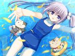  blue_eyes cat cat_hair_ornament hair_ornament highres innertube nishimata_aoi official_art one-piece_swimsuit petals pointy_ears primula school_swimsuit shuffle! silver_hair solo stuffed_animal stuffed_cat stuffed_toy swimsuit twintails water 