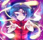  bad_id bad_pixiv_id beret blue_eyes blue_hair fangs fingernails ghost grin hat jiangshi long_fingernails looking_at_viewer miyako_yoshika nail_polish ofuda outstretched_arms shino_(mijinko) shirt short_hair slit_pupils smile solo star touhou zombie_pose 