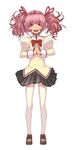  absurdres bad_id bad_pixiv_id bow bowtie full_body hair_ribbon hands_clasped highres kaname_madoka kansou_samehada loafers mahou_shoujo_madoka_magica open_mouth own_hands_together pink_eyes pink_hair ribbon school_uniform shoes short_twintails simple_background skirt smile solo thighhighs twintails white_legwear zettai_ryouiki 