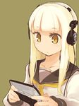  bangs blonde_hair blunt_bangs handheld_game_console headphones highres koss long_hair mota no_nose original playing_games playstation_portable psp_go school_uniform serafuku simple_background solo sony yellow_eyes 