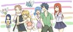  2boys 4girls black_hair blonde_hair blue_hair cat charle_(fairy_tail) erinan erza_scarlet fairy_tail gray_fullbuster happy_(fairy_tail) juvia_loxar long_hair lucy_heartfilia multiple_boys multiple_girls natsu_dragneel pink_hair red_hair scarf skirt smile wendy_marvell wings 