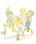  3boys adou bad_id bad_pixiv_id barnaby_brooks_jr blonde_hair boots brown_eyes brown_hair child closed_eyes green_eyes grey_hair highres hood hoodie jacket kaburagi_kaede kaburagi_t_kotetsu multiple_boys necktie pale_color shirt shoes short_hair shorts sneakers t-shirt tiger_&amp;_bunny time_paradox vest white_background younger yuri_petrov 