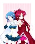  black_legwear blue_eyes blue_hair bow cape hair_bow long_hair magical_girl mahou_shoujo_madoka_magica miki_sayaka multiple_girls one_eye_closed ponytail punching red_eyes red_hair sakura_kyouko sasaka_yayoi short_hair thighhighs white_legwear 