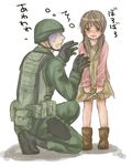  1girl blush boots brown_hair child commentary_request crying dress gloves helmet holster kneeling low_twintails military military_uniform mogu_(up.) original soldier tears translated turn_pale twintails uniform 