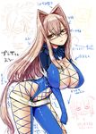  belt blush breasts brown_hair center_opening cleavage fur_trim glasses hair_intakes highres large_breasts leaning_forward long_hair loose_belt open_mouth presa_(tales) shuz_(dodidu) slender_waist solo tales_of_(series) tales_of_xillia translation_request very_long_hair yellow_eyes 