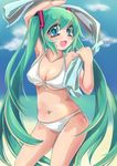  :d absurdres aqua_eyes arm_up bikini breasts front-tie_top green_hair hatsune_miku highres large_breasts long_hair navel open_mouth plump shinbashi_katsura skindentation smile solo swimsuit twintails underboob very_long_hair vocaloid 