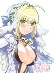  :&lt; ahoge blonde_hair blush bodysuit breasts center_opening chain cleavage fate/extra fate/extra_ccc fate_(series) flower frown green_eyes large_breasts lock looking_at_viewer nero_claudius_(bride)_(fate) nero_claudius_(fate)_(all) padlock robina solo unzipped veil 