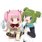  blue_eyes bow bowtie chitose_yuma green_hair hair_bobbles hair_ornament hair_ribbon hood hoodie kaname_madoka kuro_chairo_no_neko long_sleeves mahou_shoujo_madoka_magica mahou_shoujo_oriko_magica multiple_girls open_mouth pink_eyes pink_hair ribbon school_uniform short_twintails smile thighhighs transparent_background tupet twintails two_side_up white_legwear 