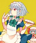  apron ascot bad_id bad_pixiv_id blue_dress blue_hair braid crossed_arms dango dress eating face food grey_eyes hagiko hair_ribbon hands hat izayoi_sakuya maid multiple_girls open_mouth pink_dress plate red_eyes remilia_scarlet ribbon silver_hair touhou twin_braids wagashi wrist_cuffs 