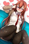  adjusting_hair black_legwear blush brown_hair heart highres jacket legwear_under_shorts long_hair looking_at_viewer makise_kurisu necktie pantyhose purple_eyes red_neckwear shorts sitting solo steins;gate sukesan 